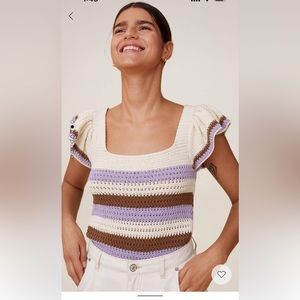 Mango crochet striped top with flutter sleeves *NWOT*